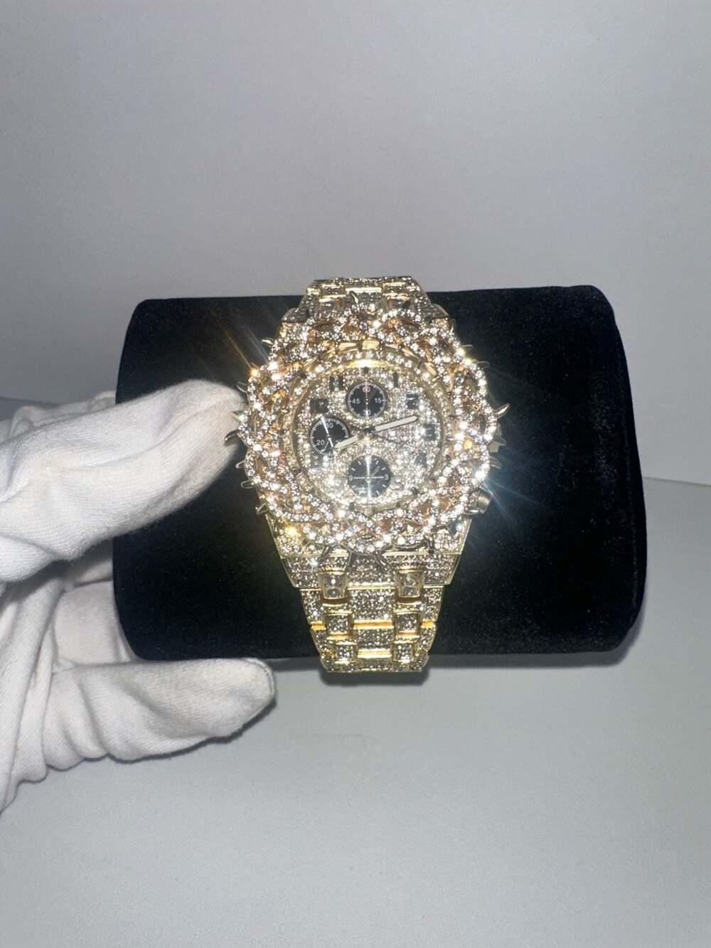 Gold-Tone Iced Out Rhinestone Fashion Watch – Stainless Steel Back